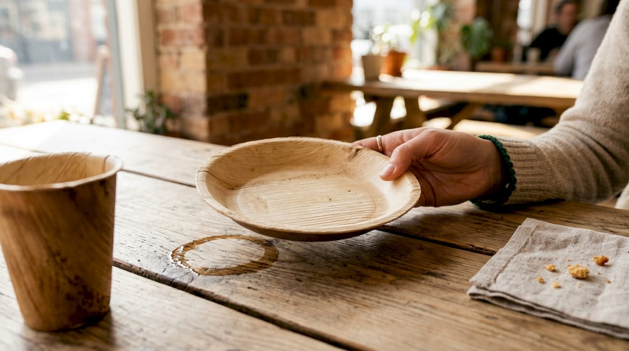 Een hand houdt een bamboe bord vast, close-up van een cafétafel