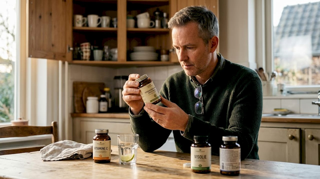 Een man zit aan de keukentafel en bestudeert het etiket van een potje voedingssupplementen.