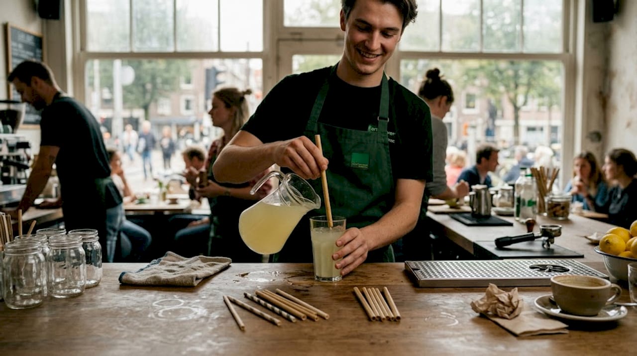 Barista twijfelt tussen rietjes van verschillende materialen