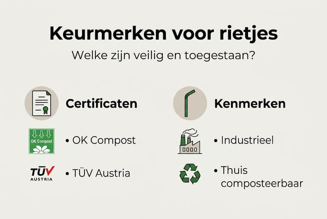 Overzichtelijke infographic met keurmerken en kenmerken van verschillende soorten rietjes