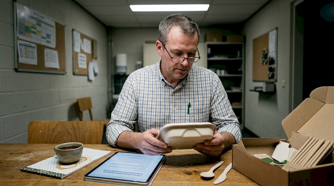 De manager bekijkt de specificaties van de composteerbare verpakking.