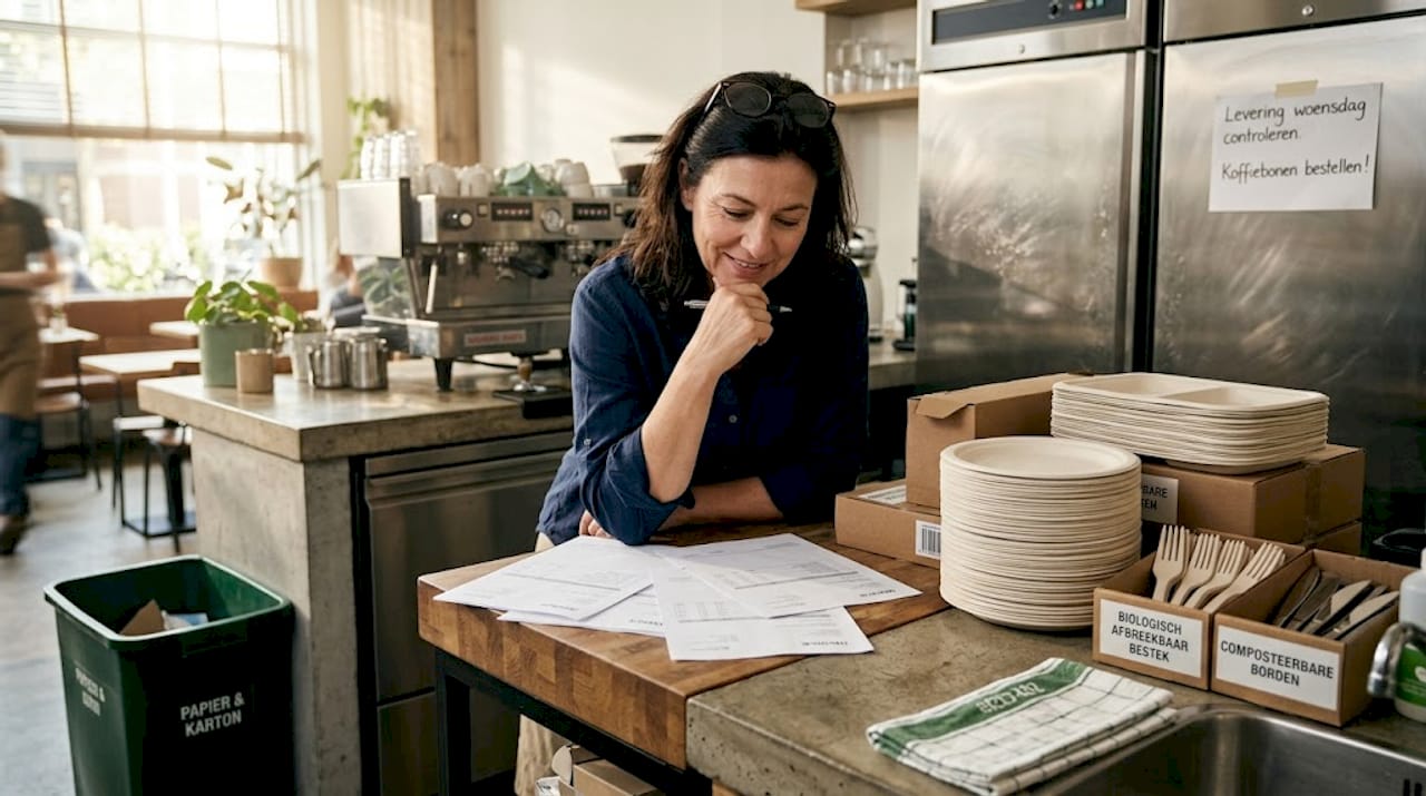 De manager bekijkt het assortiment composteerbare verpakkingen bij de balie.