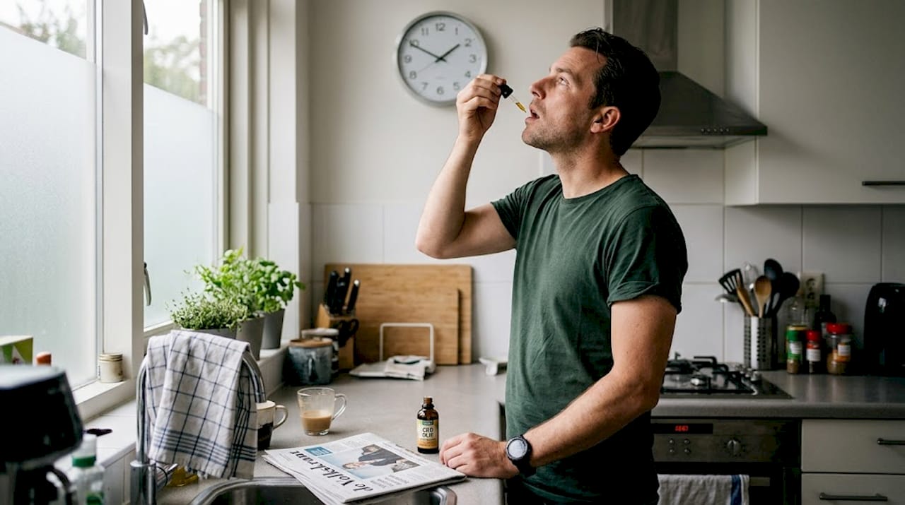 In de ochtend neemt een man CBD-olie terwijl hij in de keuken staat.