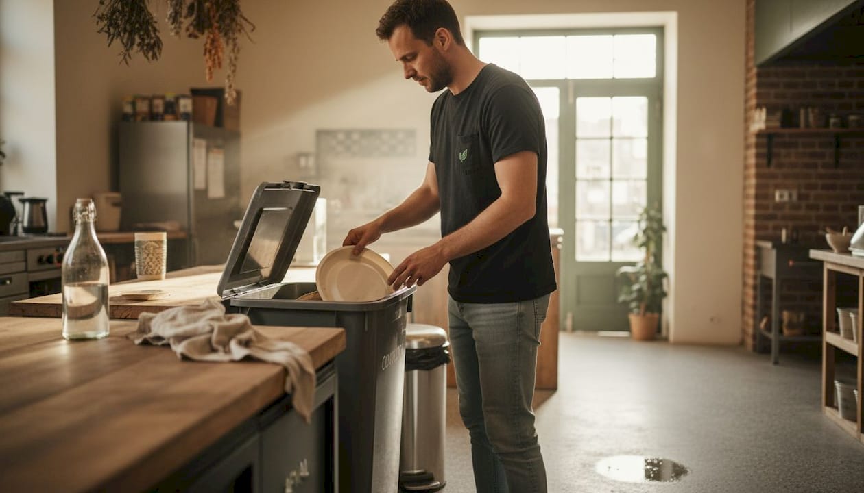 Een barista gooit gebruikte bagasse borden in de gft-bak.