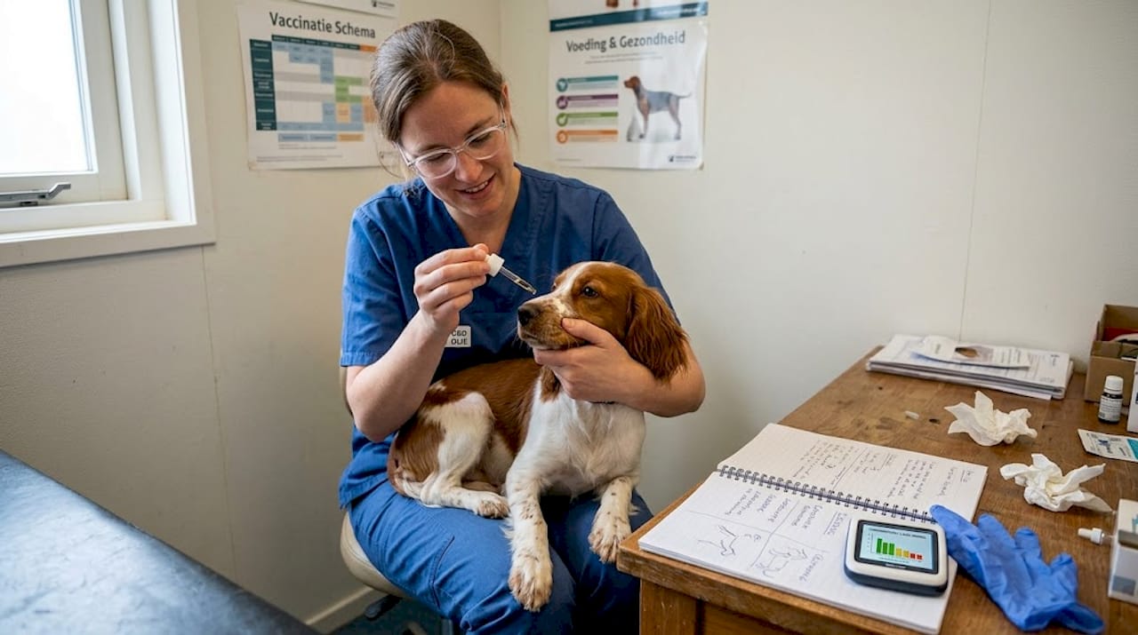 In de spreekkamer geeft de dierenarts de hond CBD toegediend.
