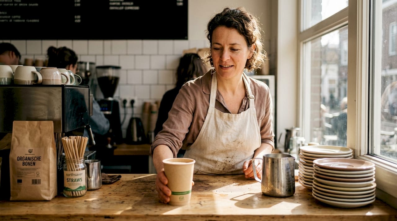 In het café schenkt de barista koffie in een composteerbare beker.