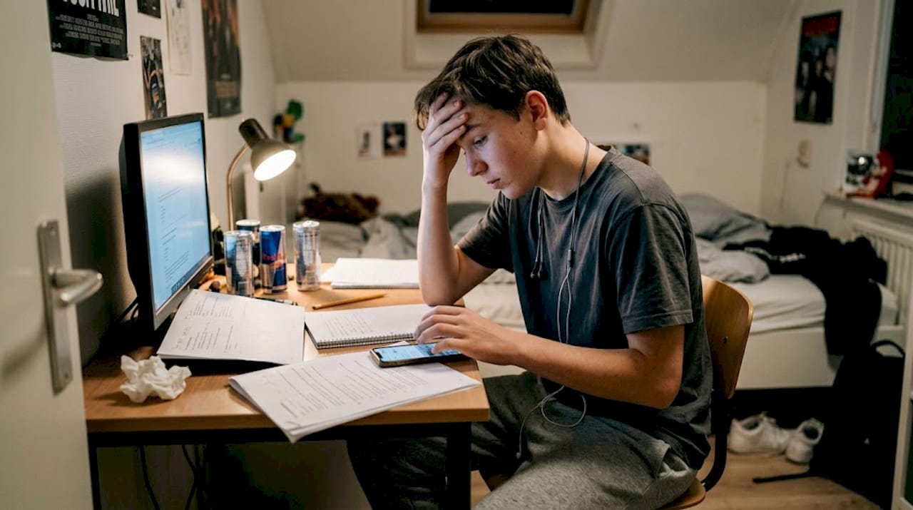 Een vermoeide tiener hangt met zijn telefoon boven zijn bureau.