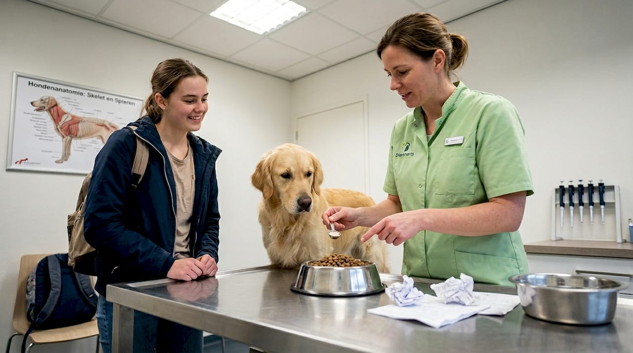 Dierenarts legt het belang van vitamines uit tijdens consult met hond