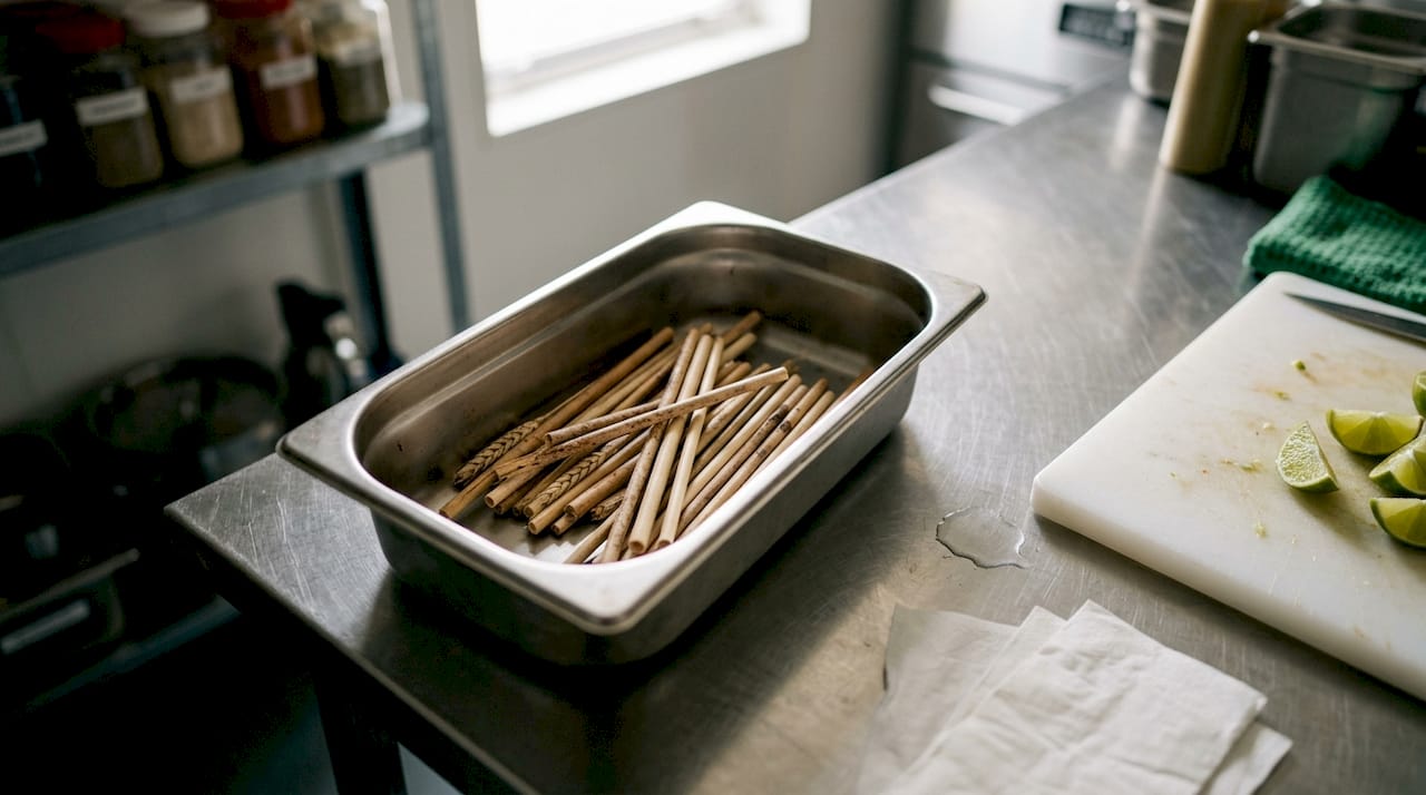 In onze restaurantkeuken gebruiken we rietjes van tarwe, volledig plantaardig en milieuvriendelijk.