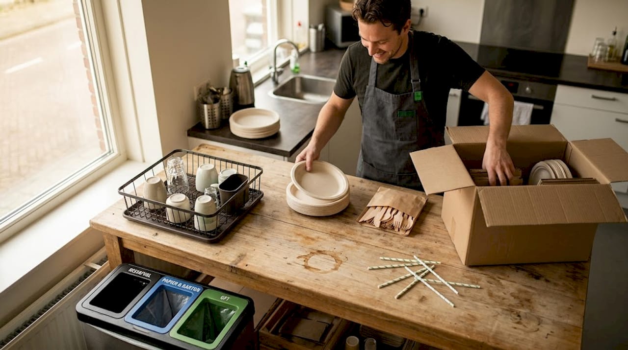 Een medewerker opent een doos met plasticvrije wegwerpproducten