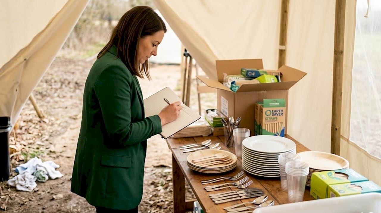 Organisator test verschillende soorten duurzaam servies in de buitenlucht