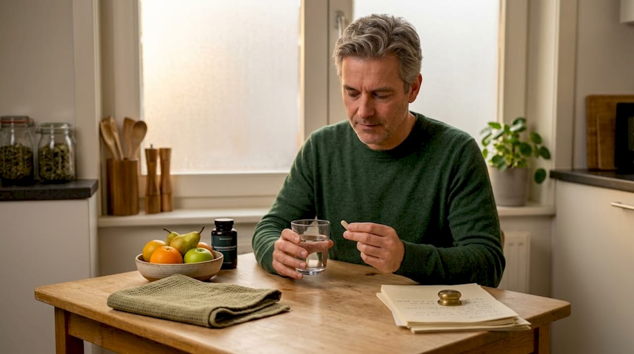 Een man die ’s avonds magnesium inneemt voordat hij gaat slapen.
