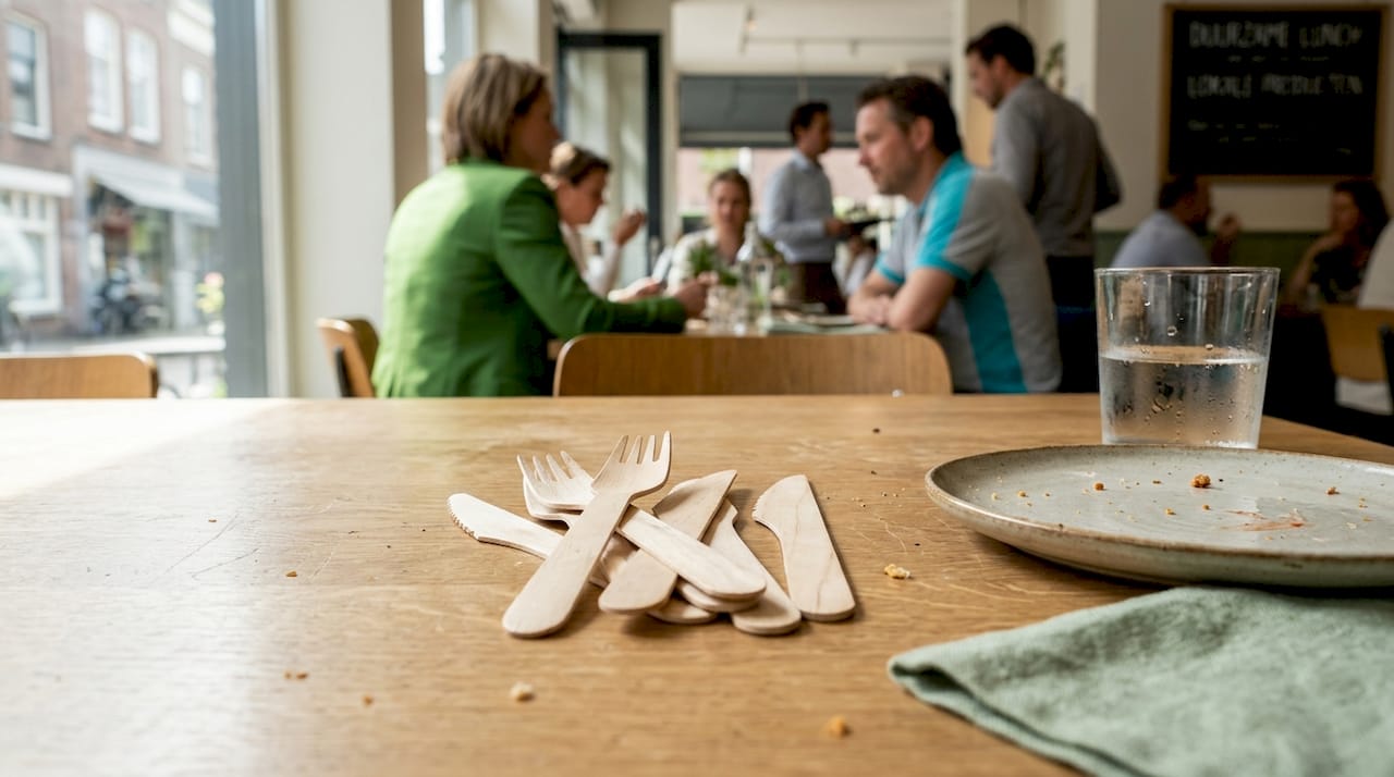 Houten bestek ligt op tafel na de lunch in het restaurant.