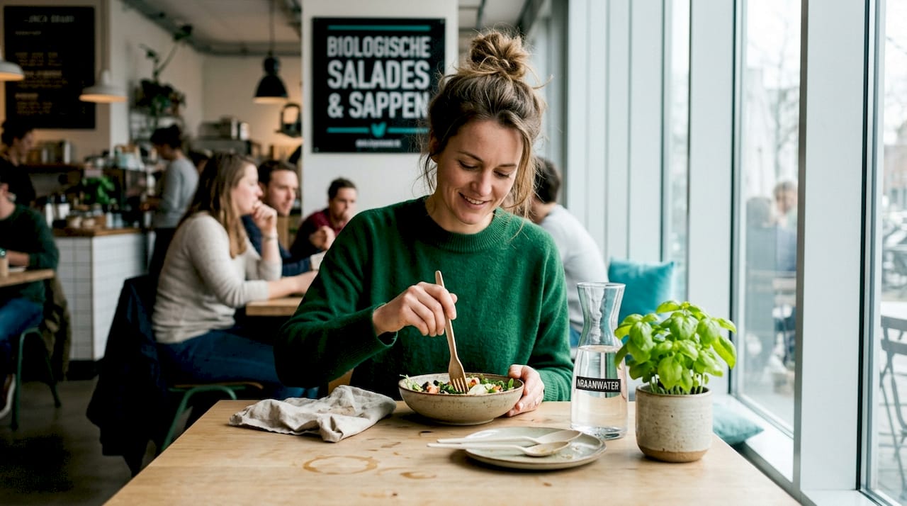 Een vrouw geniet van haar lunch in een gezellig café, terwijl ze eet met een houten vork.