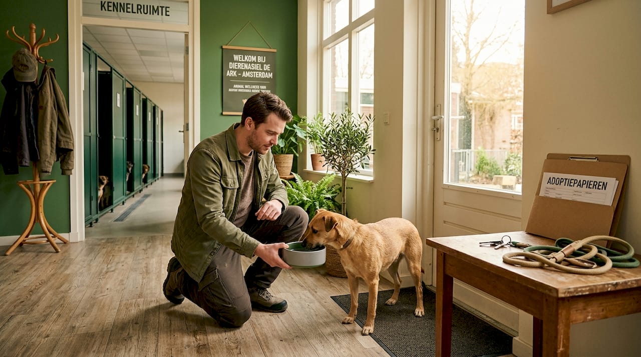 Medewerker van het asiel heet hond welkom bij nieuwe baas
