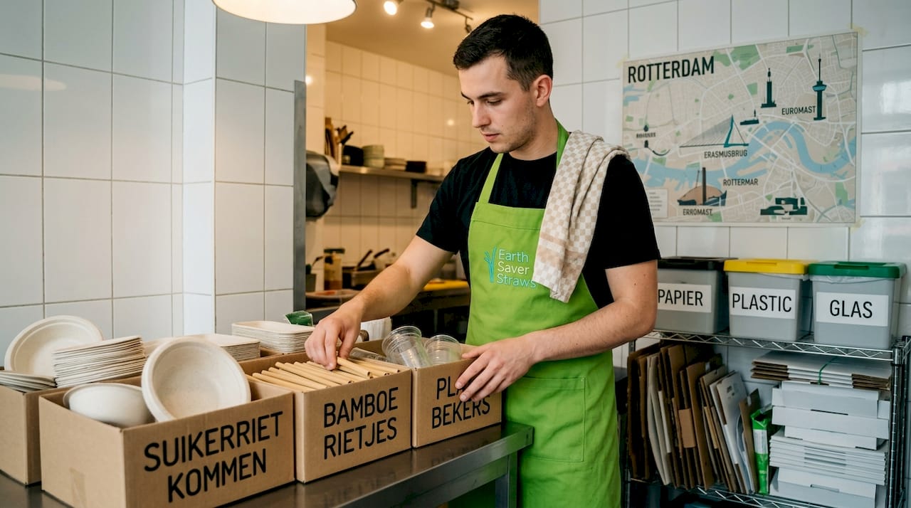 In de keuken is de chef bezig met het scheiden van milieuvriendelijke wegwerpmaterialen.