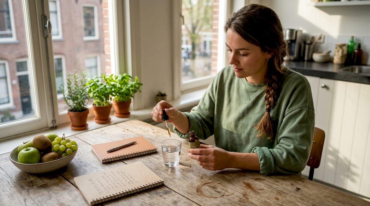 Een vrouw brengt CBD-olie aan terwijl ze aan de keukentafel zit.