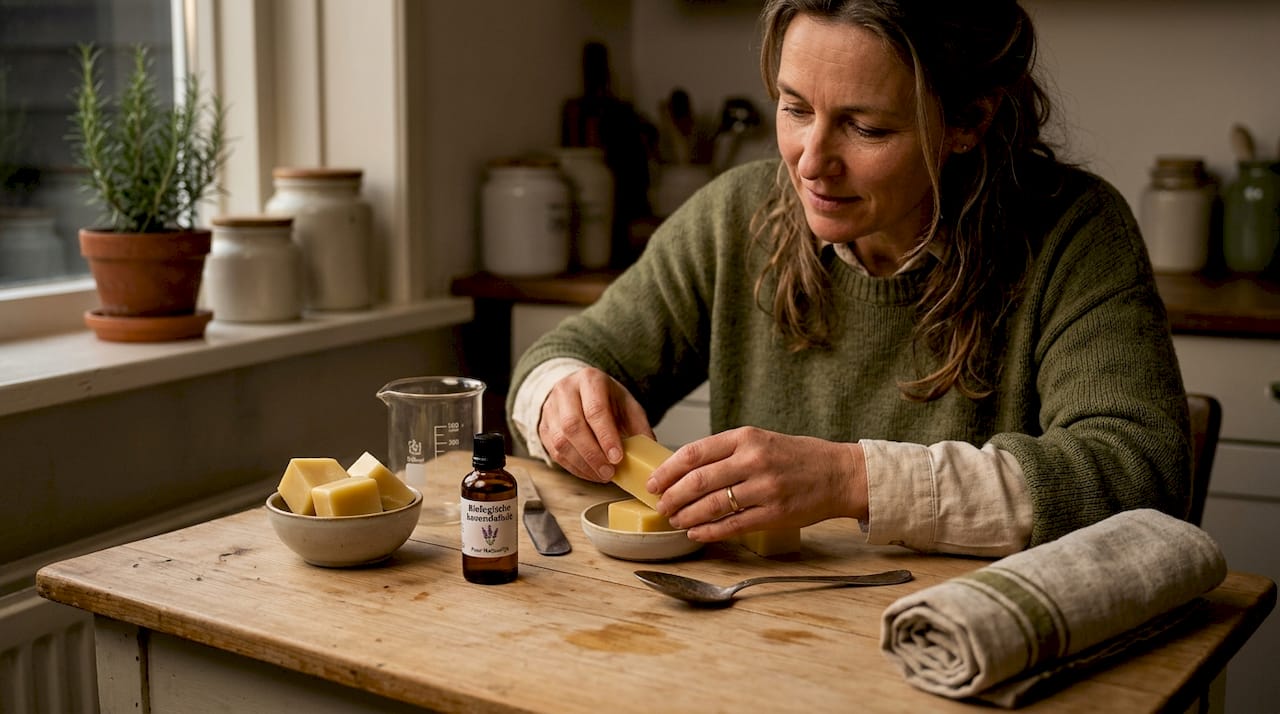 Iemand is bezig met het klaarmaken van de ingrediënten voor een zelfgemaakte kruidenbalsem.