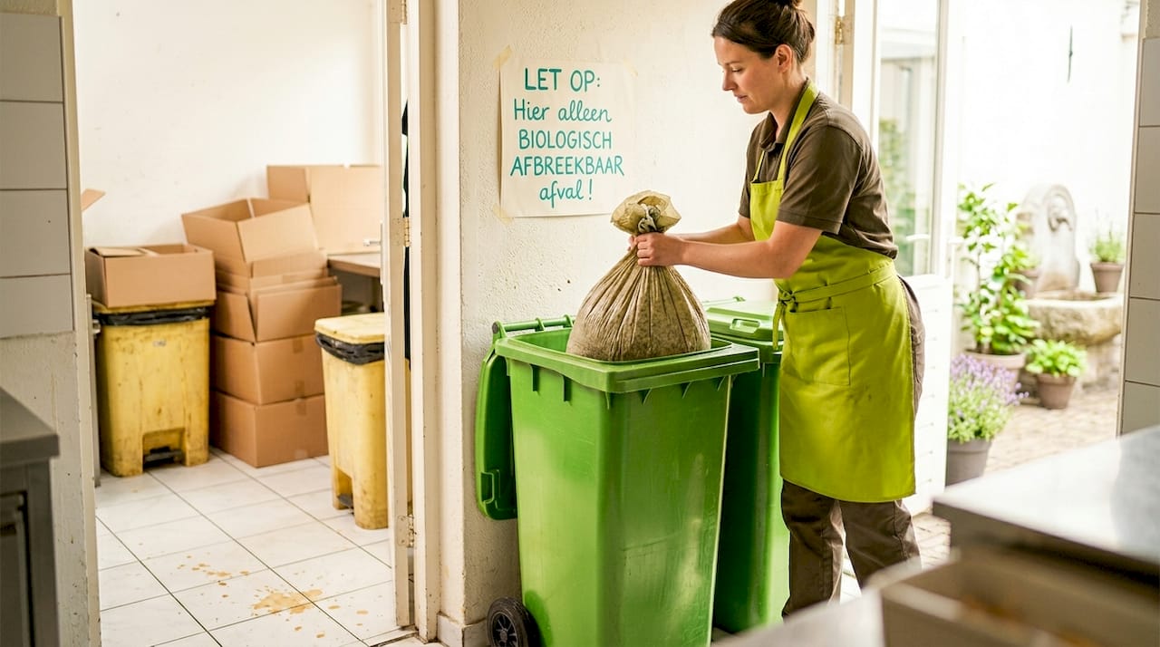 Een medewerker van de keuken zet een nieuwe vuilniszak klaar bij de prullenbakken.