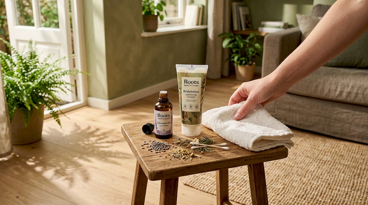 Lavendelolie en verzorgingsproducten op een houten tafel