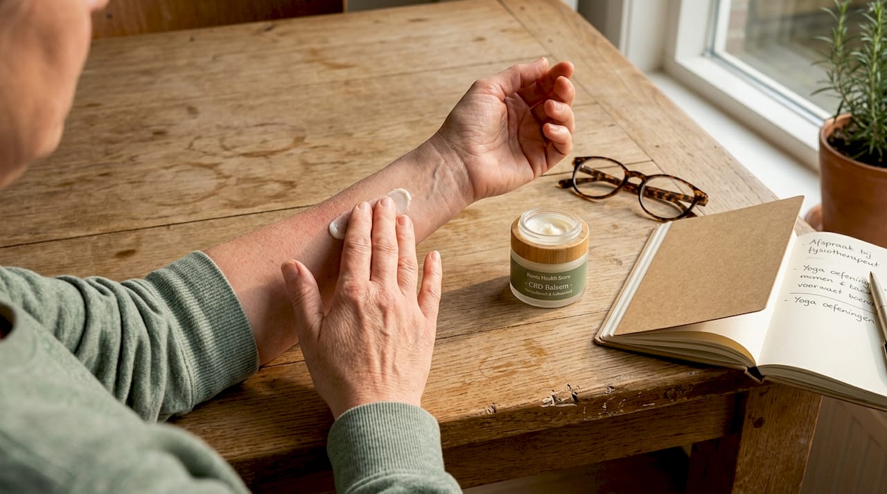 Iemand brengt CBD-crème aan op zijn onderarm om het uit te proberen.
