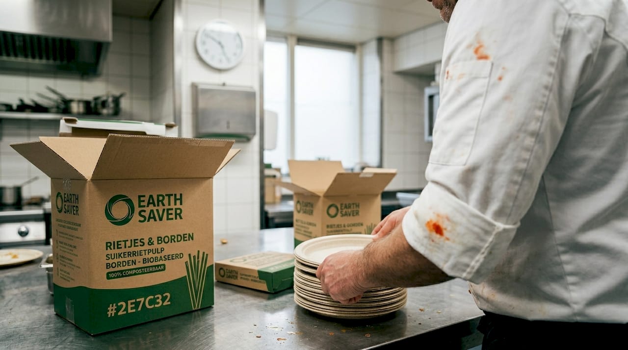 In de keuken stapelt de chef biologisch afbreekbare borden op elkaar.