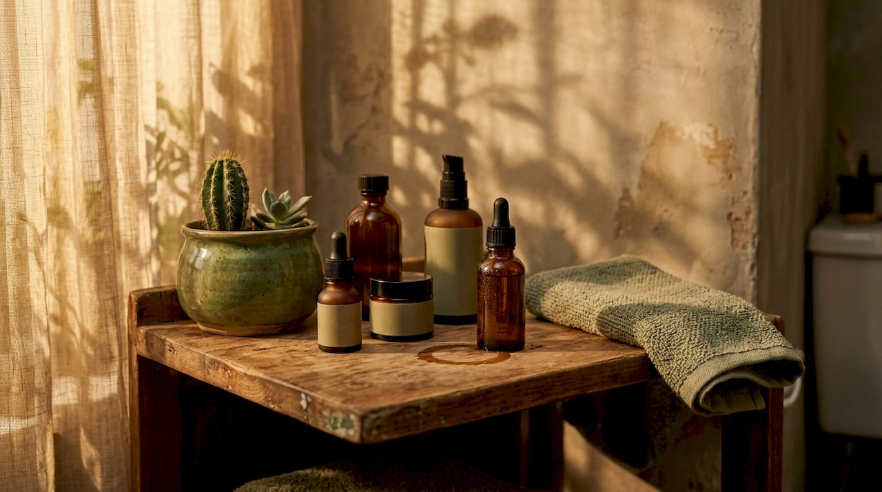 Plank met flesjes CBD-huidverzorging en een groene plant