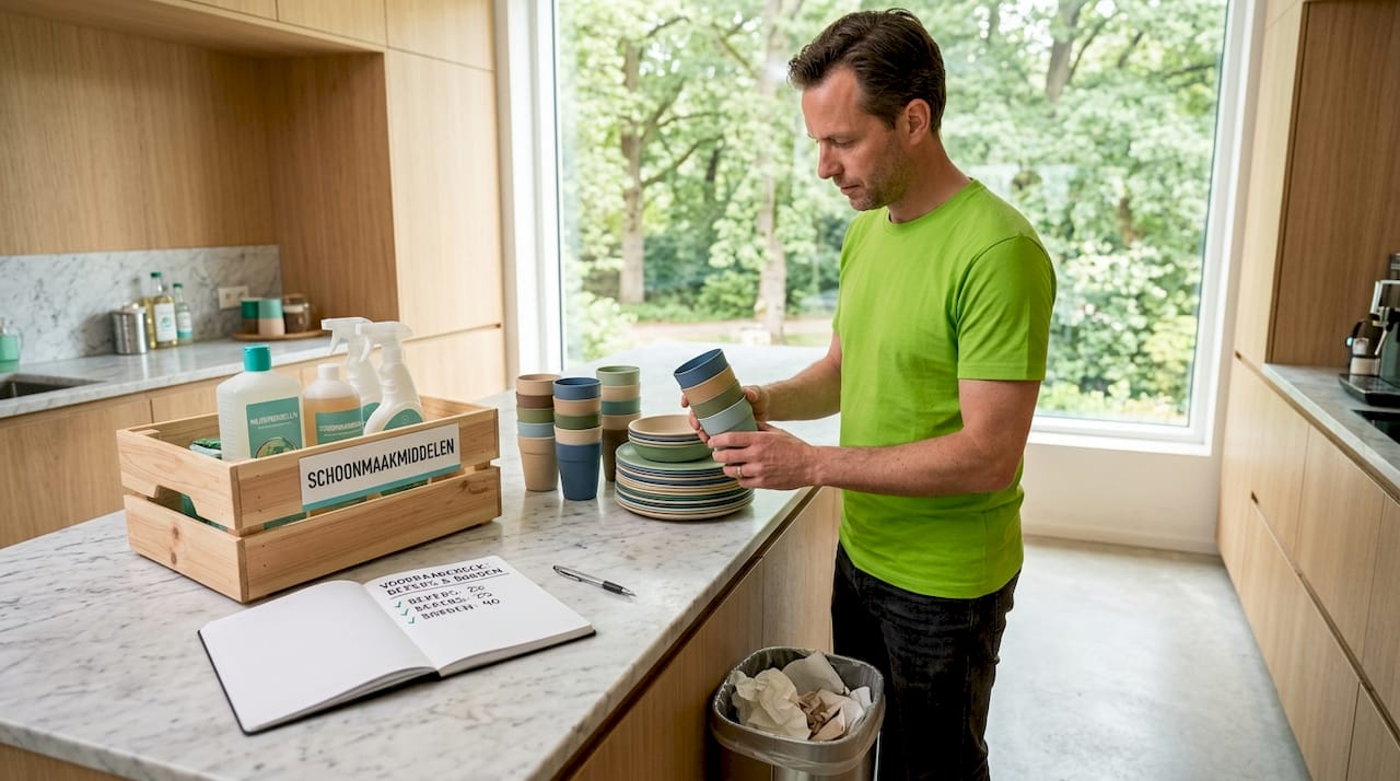 Man ruimt herbruikbare bekers op in de keuken