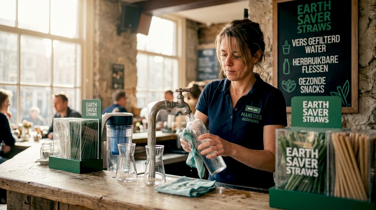 De barman vult een herbruikbare fles bij het watertappunt.