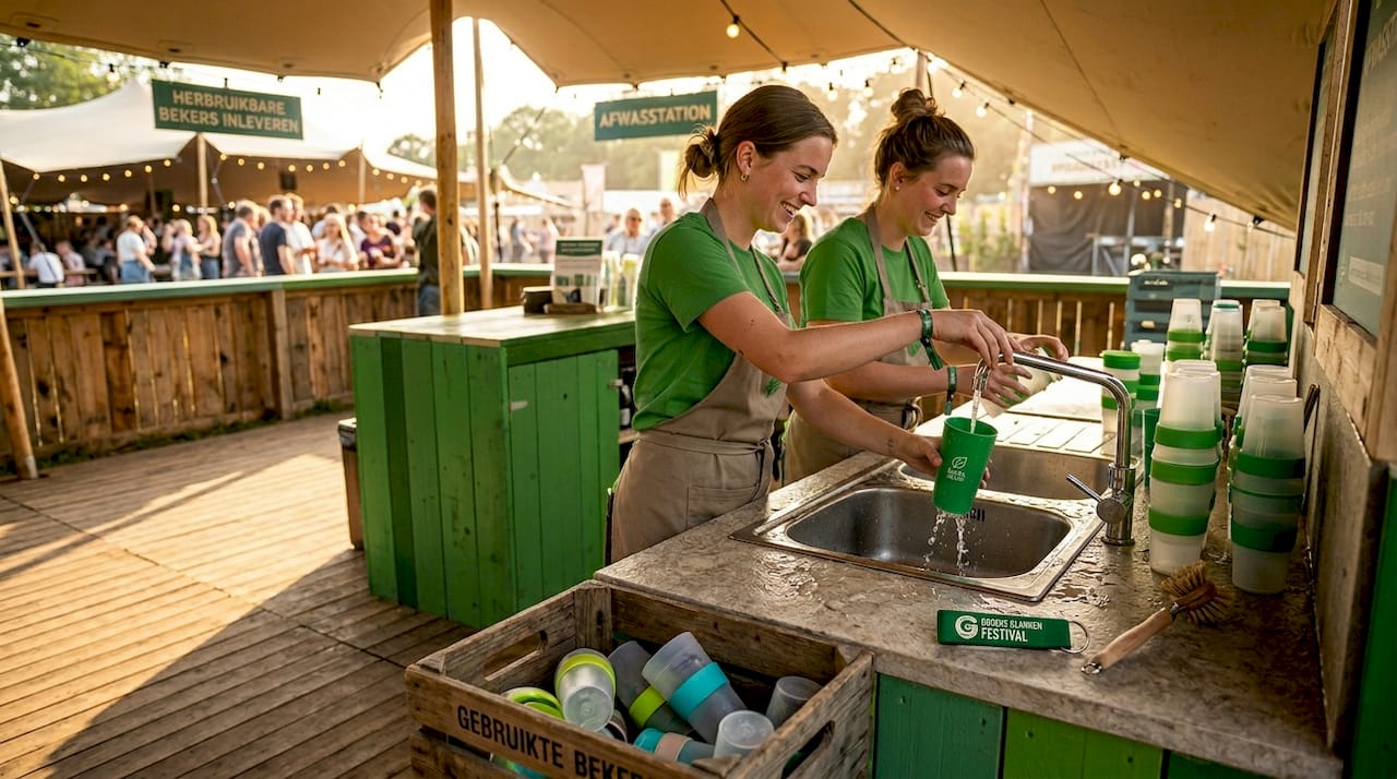 Lever je festivalbeker na gebruik in bij de bar, daar worden ze schoongemaakt.