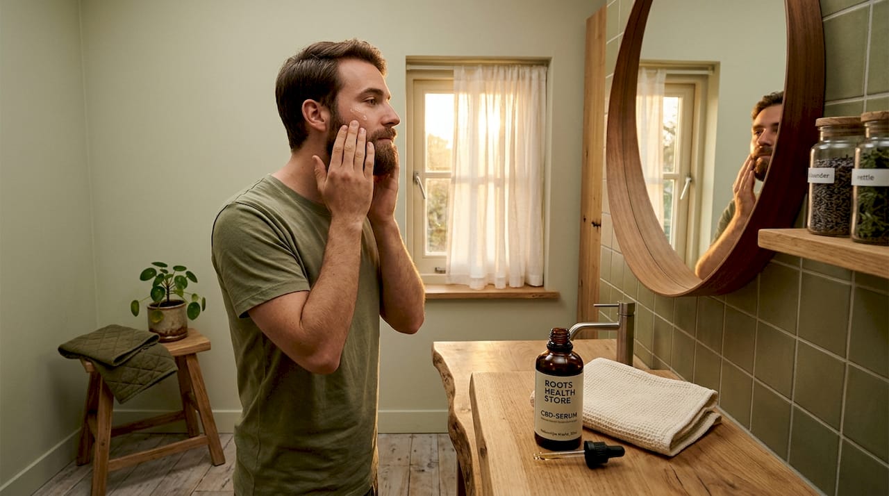 Man smeert CBD-serum op zijn gezicht in de badkamer