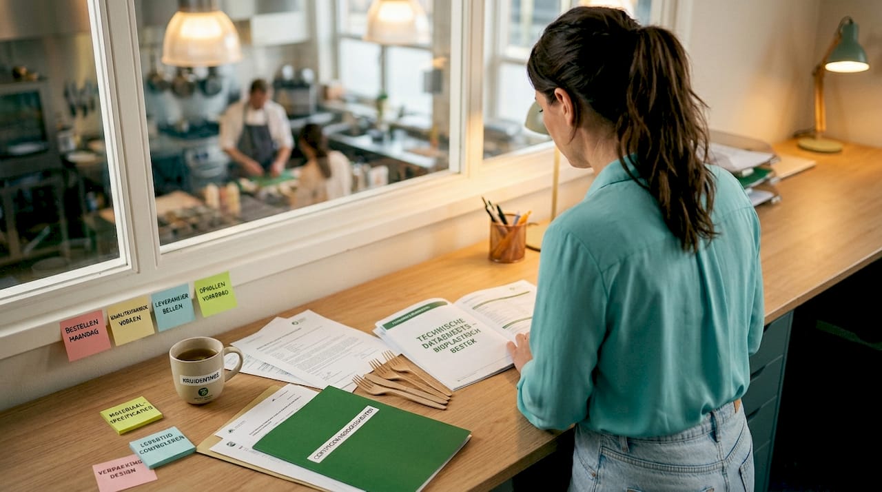 Manager controleert documenten over de naleving van bioplastic-richtlijnen