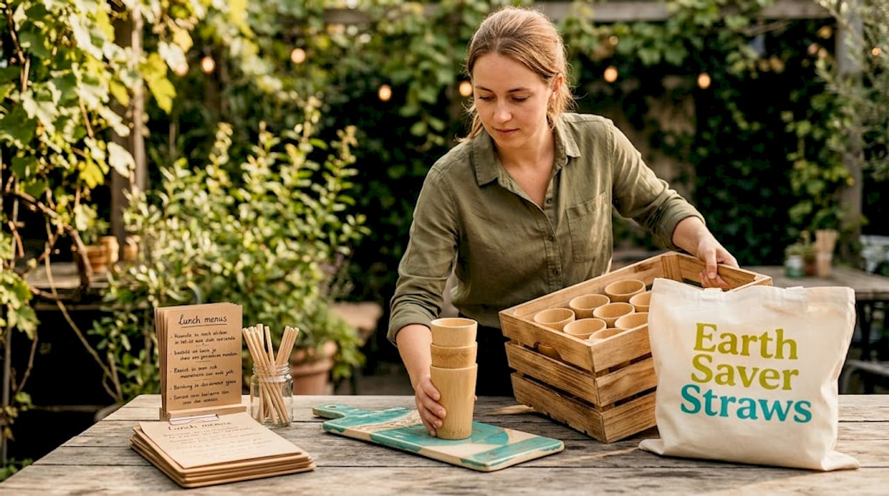 Het cateringpersoneel zet herbruikbare bamboe bekers klaar voor gebruik.
