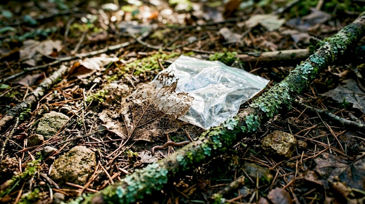 Bladeren en plastic die langzaam vergaan op de bosbodem