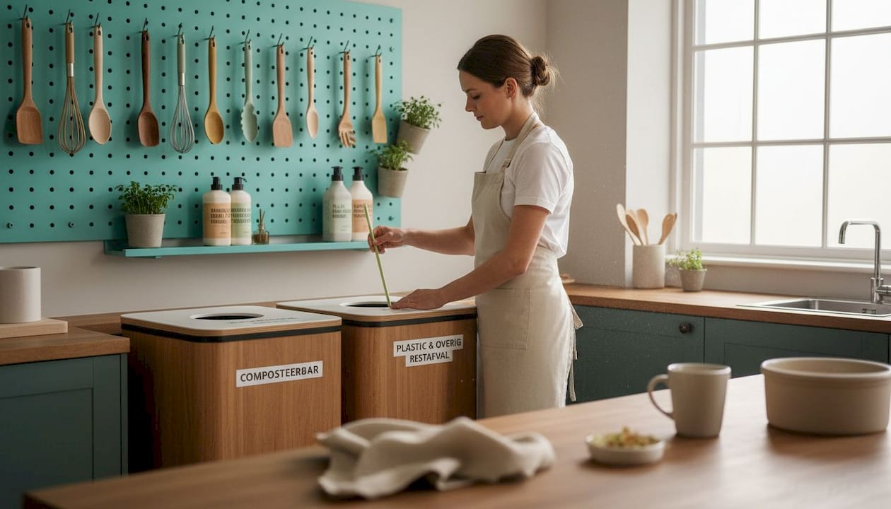 In de keuken scheidt een medewerker het composteerbare wegwerpservies van de rest.