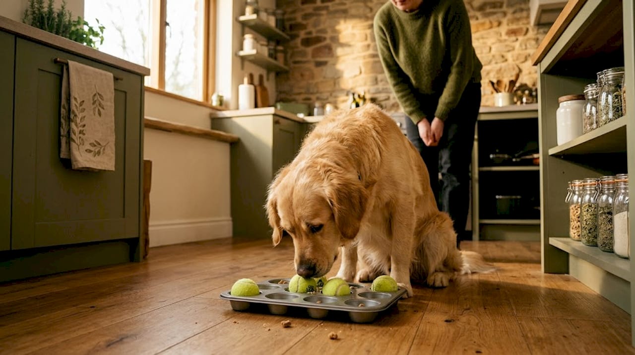 Golden retriever probeert slimme puzzel op te lossen met een muffinvorm in de keuken