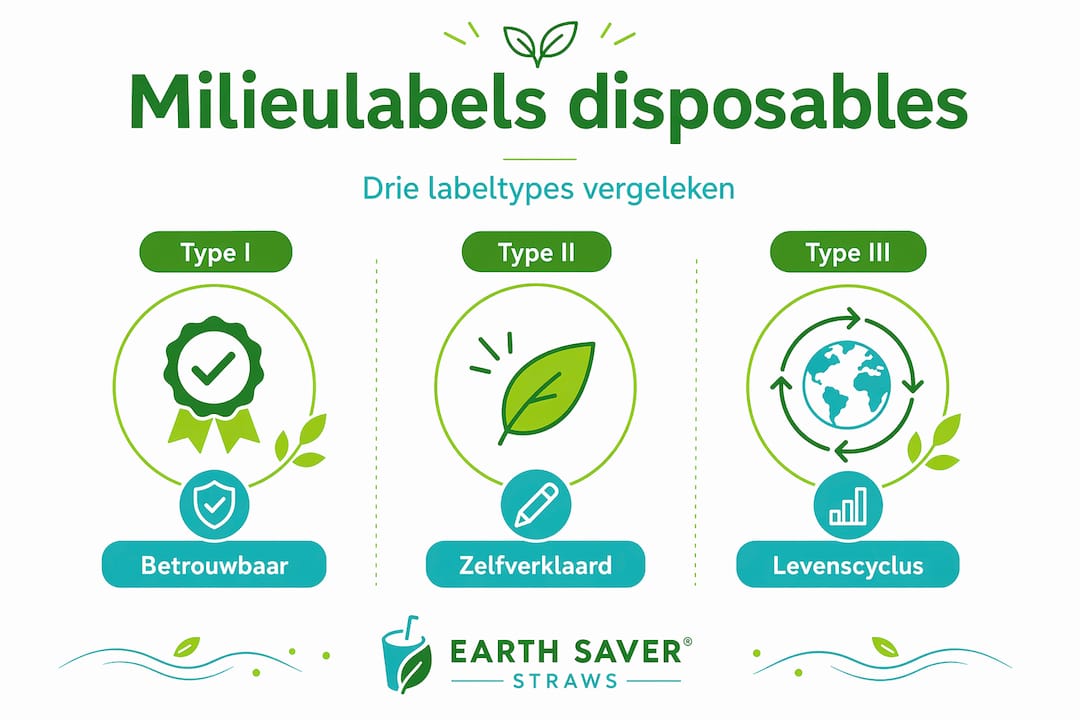 Overzichtelijke infographic met de drie belangrijkste soorten milieulabels, duidelijk gerangschikt van basis tot premium.