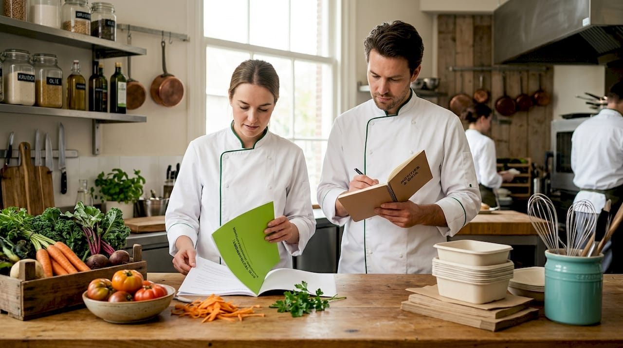 Twee chefs buigen zich samen over testresultaten die op het aanrecht liggen.