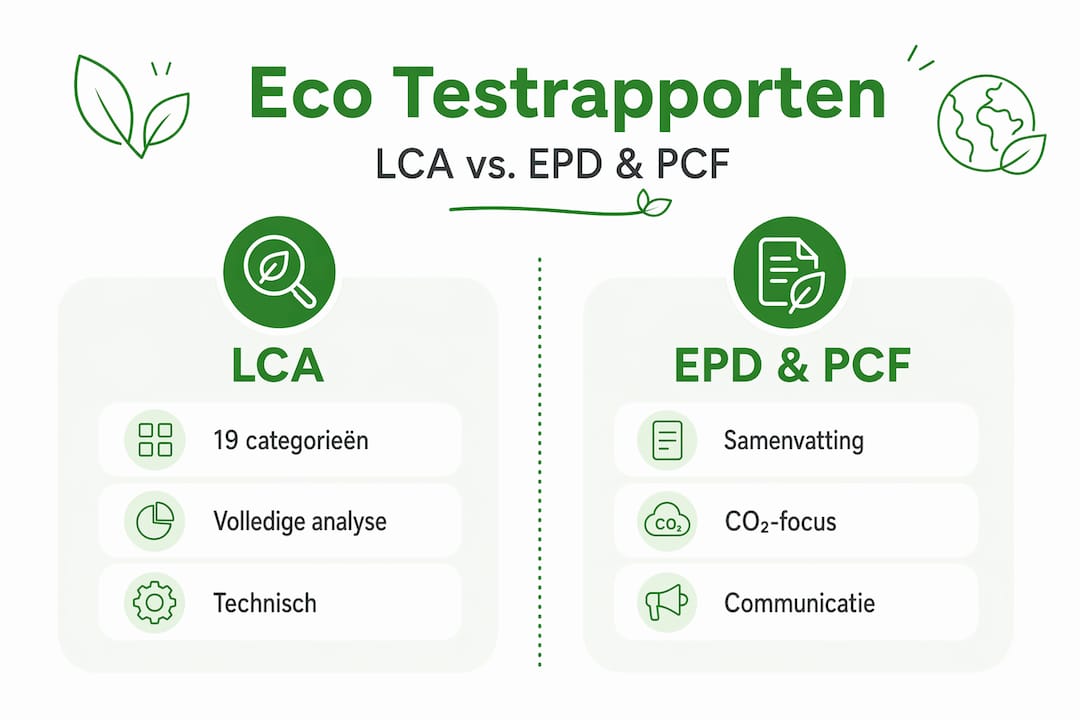 Infographic zet verschillende soorten keuringsrapporten van ecoproducten overzichtelijk naast elkaar