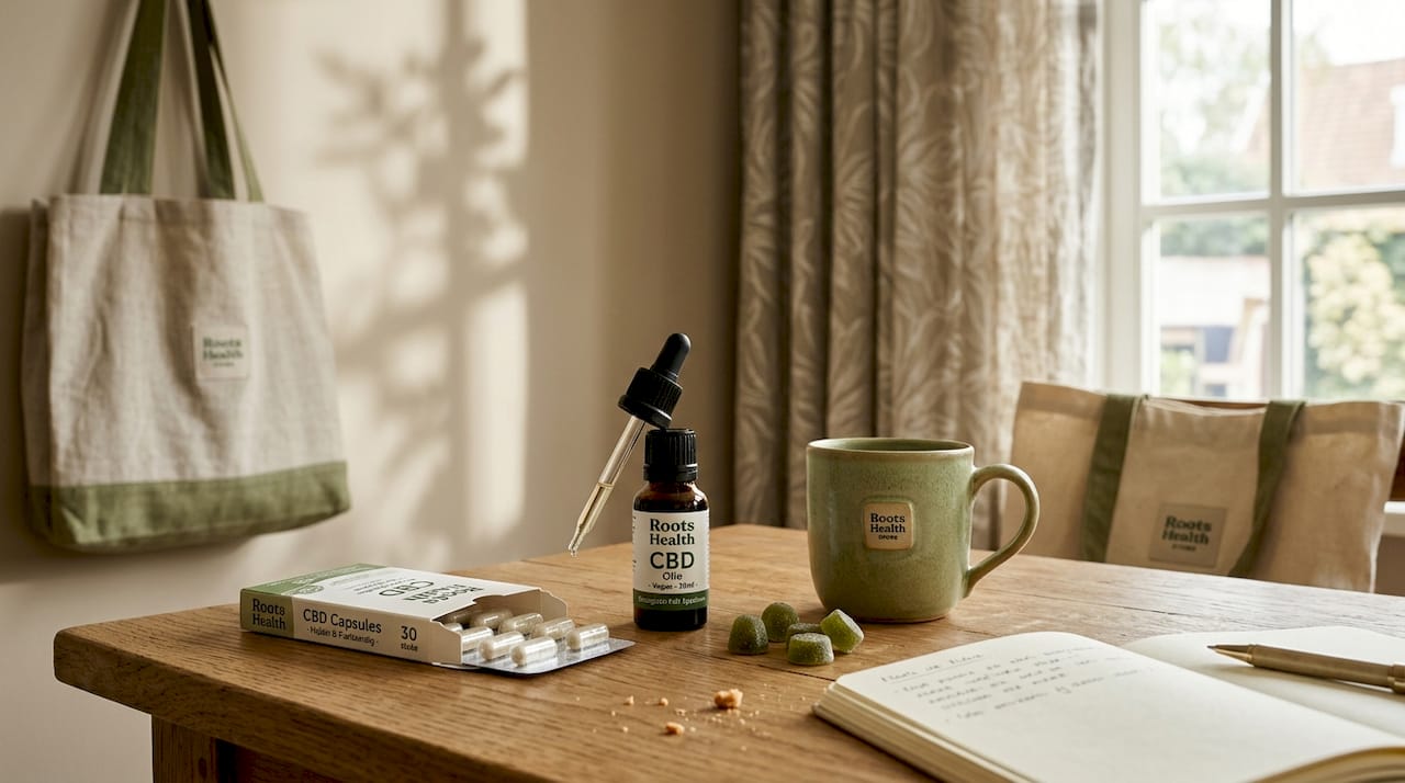Een gevarieerde selectie van veganistische CBD-producten uitgestald op tafel.