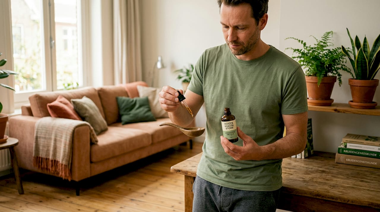 Een man druppelt CBD-olie af bij de wastafel.