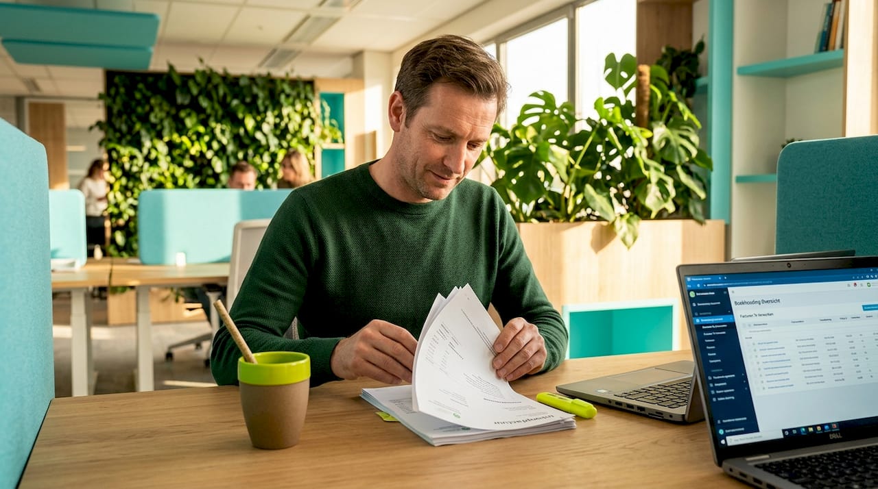 Een administratief medewerker controleert de facturen van duurzame cateringleveranciers.