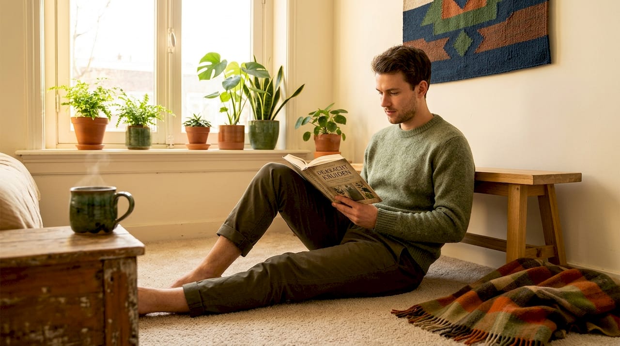 Man zit ontspannen met een boek in een gezellig hoekje van zijn huis
