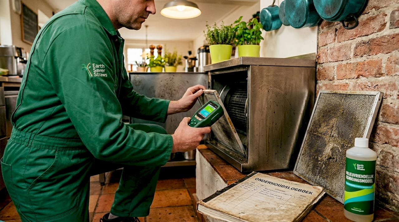 Een monteur voert onderhoud uit aan het ventilatiesysteem van een restaurant.