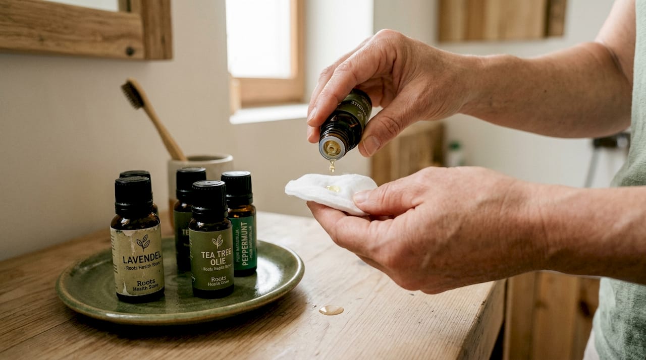 Voorzichtig brengt iemand tea tree olie aan met de handen.