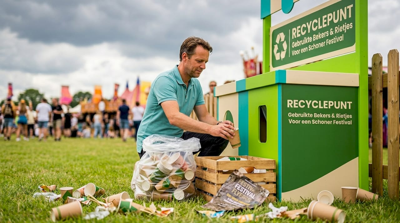 Een medewerker verzamelt en sorteert herbruikbare bekers op het festivalterrein.