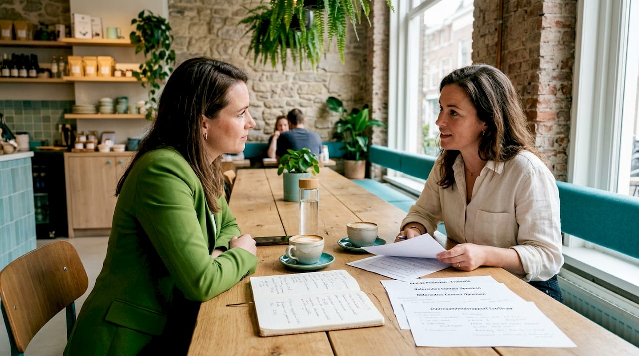 Overleg tussen horeca-inkopers in een lunchroom over gezamenlijke inkoopmogelijkheden.