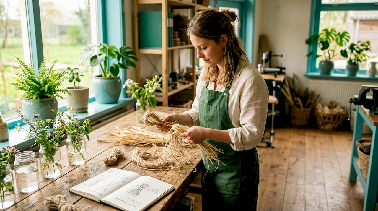 Een vrouw is bezig met het sorteren van onbewerkte jute- en suikerrietvezels.