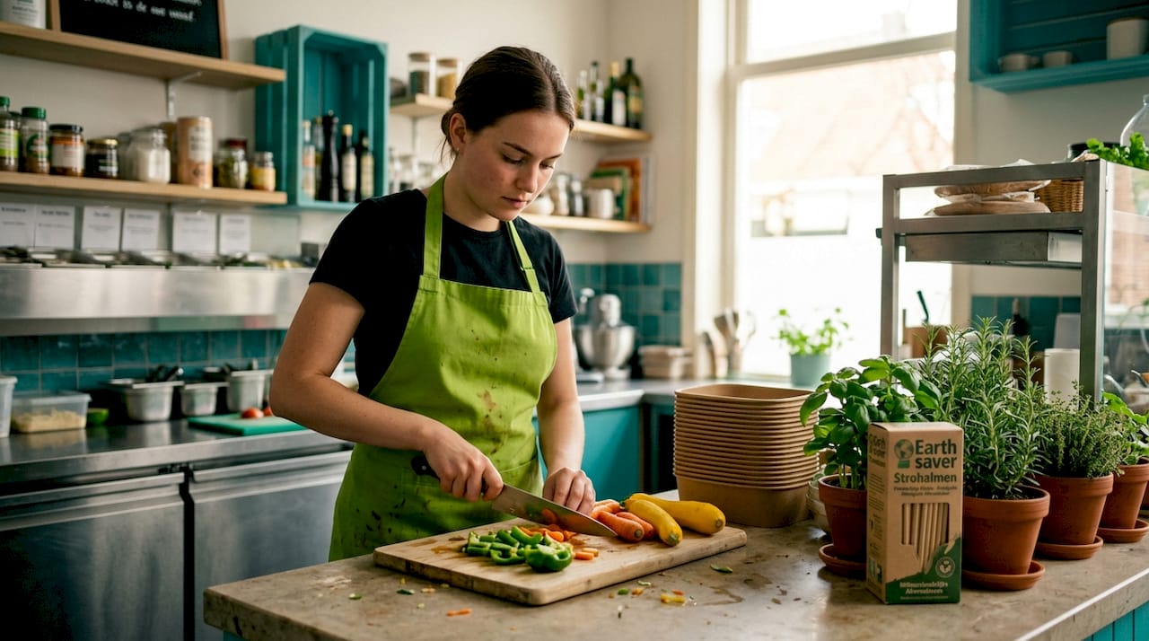 De chef bereidt verse groenten terwijl hij werkt met milieuvriendelijke wegwerpartikelen.
