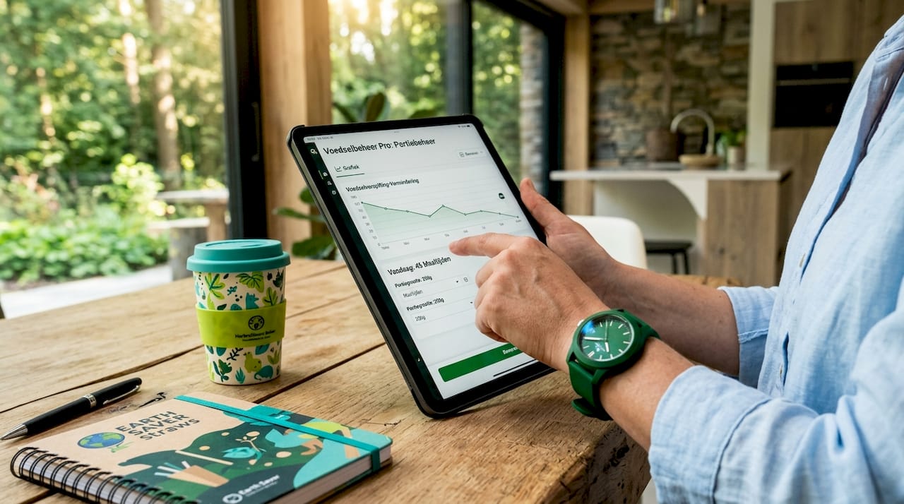 Iemand navigeert door een voedselbeheersapp op een tablet
